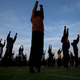 School children attend a yoga session in Ahmedabad